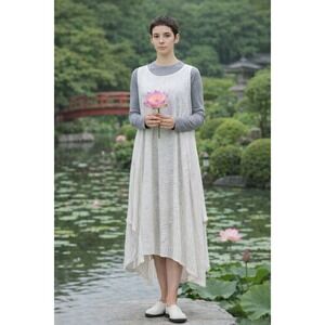 Moyuru Long and Wide Thin‎ Stripe Light Cotton Dress Asymmetrical Hem Size M